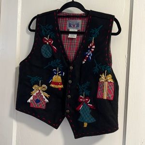 Amazing Black Vintage Christmas Vest Appliqués Embroidery Large